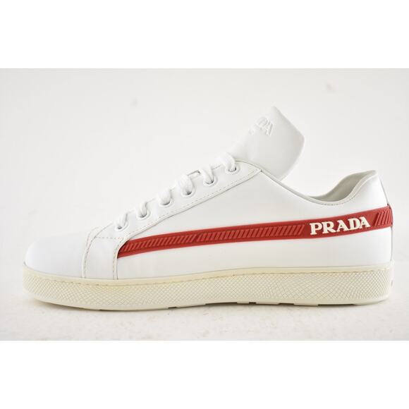 Prada Band White Red Stripe Logo Lace Up Tie Flat Low Top Trainer Sneaker 36.5 - Picture 14 of 16
